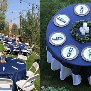 blue outdoor wedding setup